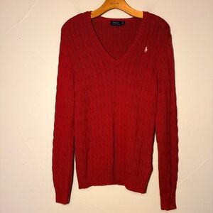 Polo Ralph Lauren Red Cable Knit V Neck Sweater 100% Cotton Women's Size Large